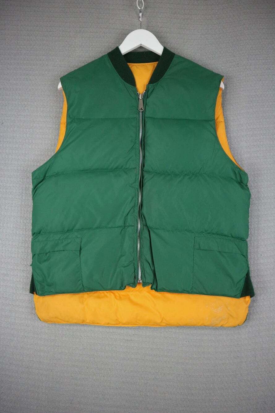 Vintage Green Yellow Reversible Puffer Vest Full Zip Pockets Size L 1970's